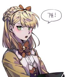 Rule 34 | 1girl, blonde hair, braid, brooch, brown hairband, brown ribbon, brown vest, commentary, crown braid, english commentary, green eyes, hair ribbon, hairband, highres, jacket, jewelry, korean text, library of ruina, neck ribbon, open clothes, open jacket, open mouth, project moon, ribbon, shirt, simple background, solo, solo a, speech bubble, tiphereth a (project moon), translation request, vest, white background, white shirt, yellow brooch, yellow jacket