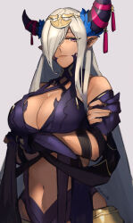 Rule 34 | 1girl, arms under breasts, asymmetrical horns, bare shoulders, breasts, cleavage, commentary request, cowboy shot, crossed arms, fire emblem, fire emblem engage, grey background, grey horns, hair ornament, hair over one eye, highres, horns, large breasts, long hair, mature female, nintendo, pointy ears, purple eyes, purple ribbon, revealing clothes, ribbon, seinikuten, solo, tan, tassel, tassel hair ornament, uneven horns, zephia (fire emblem)