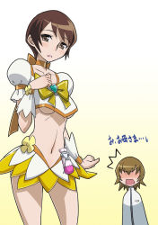 Rule 34 | 2girls, ^^^, age difference, blush, bow, breasts, brooch, brown eyes, brown hair, cosplay, cure sunshine, cure sunshine (cosplay), dress, face, flapper shirt, gradient background, haganemaru kennosuke, heart, heart brooch, heartcatch precure!, jewelry, magical girl, mature female, medium breasts, midriff, mother and daughter, multiple girls, myoudouin itsuki, myoudouin tsubaki, navel, precure, reverse trap, school uniform, shirt, skirt, underboob, white background, yellow background, yellow bow, yellow dress, yellow skirt