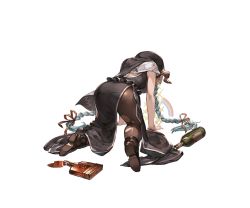 Rule 34 | 1girl, all fours, bottle, breasts, brown footwear, draph, drunk, from behind, full body, granblue fantasy, grey hair, hat, horns, lamretta, long hair, medium breasts, minaba hideo, official art, pointy ears, rainbow, vomiting rainbows, solo, sparkle, torn clothes, torn legwear, transparent background, vomiting, vomiting rainbows, white background