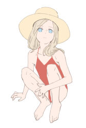 Rule 34 | 1girl, :&lt;, armpit crease, bare arms, bare legs, bare shoulders, barefoot, blonde hair, blue eyes, child, collarbone, expressionless, female focus, flat chest, flat color, full body, hair over shoulder, hat, hugging own legs, kbrg, legs apart, leotard, medium hair, original, panties, pantyshot, red leotard, simple background, sitting, solo, spaghetti strap, squatting, sun hat, tareme, toes, underwear, white background