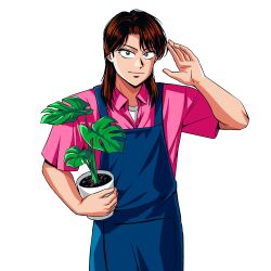 Rule 34 | 1boy, absurdres, alternate costume, apron, blue apron, blue eyes, brown hair, closed mouth, collared shirt, commentary, cowboy shot, highres, holding, holding plant, ichijou seiya, kaiji, long hair, looking at viewer, male focus, medium bangs, parted bangs, pink shirt, plant, potted plant, shirt, short sleeves, simple background, smile, solo, undershirt, white background, white shirt, yologyeolseogchung-gyeogpaswaeseogsul