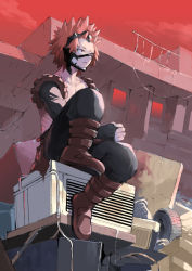 Rule 34 | 1boy, black pants, boku no hero academia, boots, brown footwear, building, closed mouth, cloud, collarbone, commentary, detached sleeves, full body, kirishima eijirou, knee up, male focus, outdoors, pants, red eyes, red hair, red sky, short hair, sitting, sky, solo, spiked hair, tire, topless male, torn clothes, torn sleeves, zonozonotk