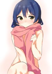 Rule 34 | 10s, 1girl, arm between legs, blue hair, blush, convenient censoring, hair between eyes, long hair, looking at viewer, love live!, love live! school idol project, naked scarf, nude, scarf, simple background, sitting, solo, sonoda umi, tofu1601, yellow eyes