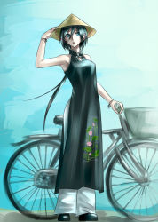 Rule 34 | bicycle, black hair, blue eyes, china dress, chinese clothes, dress, hat, long hair, pants, sukumo (kemutai)