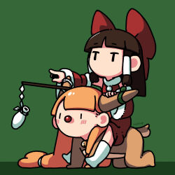 Rule 34 | 2girls, animal costume, artist name, bell, blonde hair, bottle, bow, brown hair, cosplay, detached sleeves, fur-trimmed collar, fur-trimmed sleeves, fur trim, gohei, hair bow, hair tubes, hakurei reimu, holding another&#039;s horns, horn ornament, horns, ibuki suika, long hair, mobcap, multiple girls, neck bell, no mouth, no shoes, pointing, pointing forward, red nose, reindeer costume, rudolph the red nosed reindeer, rudolph the red nosed reindeer (cosplay), sake bottle, santa costume, socks, touhou, white socks, | |