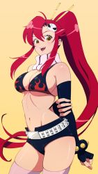 Rule 34 | 1girl, arms behind back, bare shoulders, belt, bikini, bikini top only, breasts, cleavage, cowboy shot, elbow gloves, fingerless gloves, flame print, gloves, hair ornament, highres, large breasts, long hair, looking at viewer, miromari, navel, open mouth, ponytail, red hair, scarf, short shorts, shorts, sidelocks, simple background, skull hair ornament, smile, solo, studded belt, swimsuit, tengen toppa gurren lagann, thighhighs, underboob, very long hair, yellow background, yellow eyes, yoko littner