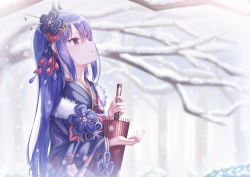 Rule 34 | 1girl, blue hair, blush, breasts, commentary request, demon horns, hair ornament, highres, horns, japanese clothes, kimono, long hair, looking up, official alternate costume, outdoors, princess connect!, rei (new year) (princess connect!), rei (princess connect!), snowing, solo, yonji jukugo