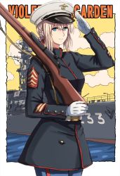 Rule 34 | 1girl, battleship, blonde hair, blue eyes, blue jacket, blue pants, closed mouth, derivative work, dress uniform, english text, gloves, gun, hair between eyes, hat, highres, holding, holding weapon, insignia, jacket, japanese flag, looking at viewer, looking to the side, m1 garand, military, military hat, military vehicle, omachi (slabco), pants, rifle, salute, ship, smile, solo, violet evergarden, violet evergarden (series), warship, water, watercraft, weapon, white gloves, white hat
