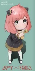 Rule 34 | 1girl, anya (spy x family), blush, child, copyright name, full body, green background, green eyes, hair ornament, highres, holding, holding toy, logo, looking at viewer, mary janes, medium hair, miyami san3, pink hair, school uniform, shoes, smile, solo, spy x family, thighhighs, toy, toy gun, twitter username