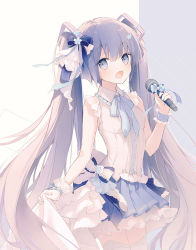 Rule 34 | 1girl, bare shoulders, blue bow, blue eyes, blue flower, blue skirt, bow, breasts, collared shirt, commentary request, flower, grey background, hair between eyes, hair bow, hair flower, hair ornament, hand up, hatsune miku, holding, holding microphone, long hair, microphone, pleated skirt, purple hair, shirt, single wrist cuff, skirt, sleeveless, sleeveless shirt, small breasts, solo, standing, suzumori uina, thighhighs, twintails, very long hair, vocaloid, white background, white shirt, white thighhighs, wrist cuffs