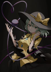 Rule 34 | 1girl, black background, black hat, bow, commentary request, cowboy shot, green eyes, green hair, hat, hat bow, heart, heart of string, highres, koishi day, komeiji koishi, looking at viewer, solo, third eye, touhou, yuuma-nii