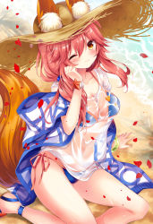 Rule 34 | 1girl, ;3, animal ears, arm support, beach, bikini, bikini under clothes, blue bikini, blush, bracelet, breasts, cleavage, covered navel, day, ears through headwear, fate/grand order, fate (series), fox ears, fox tail, hat, head tilt, jewelry, long hair, looking at viewer, low twintails, medium breasts, nogi takayoshi, one eye closed, outdoors, petals, pink hair, sand, sandals, see-through, shawl, shirt, side-tie bikini bottom, sitting, smile, solo, star (symbol), straw hat, string bikini, sun hat, swimsuit, tail, tamamo (fate), tamamo no mae (fate/extra), tamamo no mae (swimsuit lancer) (fate), tamamo no mae (swimsuit lancer) (second ascension) (fate), twintails, water, wet, wet clothes, wet shirt, yellow eyes