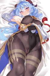 Rule 34 | 1girl, adjusting clothes, ahoge, arm up, armpits, bare shoulders, bed sheet, bell, black gloves, black leotard, black pantyhose, blue hair, blush, bodystocking, bodysuit, breasts, cameltoe, cle masahiro, cleft of venus, clothes lift, clothing aside, covered navel, cowbell, detached sleeves, embarrassed, ganyu (genshin impact), genshin impact, gloves, goat horns, gold trim, groin, half-closed eyes, horns, large breasts, legs together, leotard, leotard aside, leotard pull, leotard under clothes, lifted by self, long hair, long sleeves, looking at viewer, lying, medium breasts, neck bell, on back, on bed, pantyhose, pulled by self, purple eyes, sidelocks, solo, tassel, thighs, white sleeves