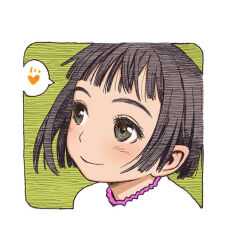 Rule 34 | 1girl, border, brown hair, closed mouth, commentary request, green background, hatching (texture), heart, linear hatching, murata range, original, portrait, shirt, short hair, smile, solo, speech bubble, spoken heart, traditional media, white border, white shirt