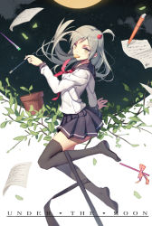 Rule 34 | 1girl, 7lark, bad id, bad pixiv id, flower pot, looking at viewer, moon, mouth hold, school uniform, serafuku, silver hair, simple background, solo, thighhighs, yellow eyes
