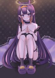 Rule 34 | 1girl, acedia, alternate costume, black dress, blush, breasts, collar, commentary, detached collar, dress, frilled dress, frills, halo, highres, hololive, hololive english, long hair, ninomae ina&#039;nis, own hands together, pointy ears, purple eyes, purple footwear, purple hair, purple socks, slippers, small breasts, socks, solo, takodachi (ninomae ina&#039;nis), tentacle hair, thigh strap, virtual youtuber, white collar, yellow halo