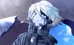 Rule 34 | 1boy, android, armor, blood, blood on face, blue eyes, blue theme, broken glass, commentary request, crying, danganronpa (series), danganronpa v3: killing harmony, glass, grey hair, hair between eyes, jingle (mhb729), k1-b0, lying, missing limb, on back, outdoors, parted lips, power armor, short hair, solo, streaming tears, tears, teeth, water