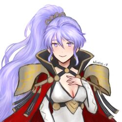 Rule 34 | 1girl, armor, breasts, cleavage, fire emblem, fire emblem: genealogy of the holy war, fire emblem heroes, hand on own chest, highres, ishtar (fire emblem), ishtar (resplendent) (fire emblem), long hair, nintendo, official alternate costume, pauldrons, ponytail, purple eyes, purple hair, shoulder armor, signature, small breasts, smile, wintse