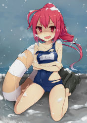 Rule 34 | 10s, 1girl, ahoge, bad id, bad pixiv id, bare legs, bare shoulders, barefoot, cold, crossed arms, high ponytail, hukasikasi, i-168 (kancolle), kantai collection, lifebuoy, looking at viewer, name tag, one-piece swimsuit, open mouth, ponytail, red eyes, red hair, school swimsuit, shaded face, sitting, snow, snowing, solo, swim ring, swimsuit, torn clothes, torn swimsuit, trembling, wariza, wavy mouth, wet