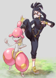 Rule 34 | 1girl, black hair, black jacket, black pants, breasts, commentary request, creatures (company), dendra (pokemon), fingerless gloves, game freak, gen 3 pokemon, gloves, grass, grey background, grin, highres, jacket, leg up, medicham, medium breasts, nintendo, pants, pokemon, pokemon (creature), pokemon sv, red eyes, shoes, sleeves past elbows, smile, standing, standing on one leg, teeth, tomaton (t 0), yellow footwear, yellow gloves, zipper pull tab