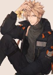 Rule 34 | 1boy, 1o8k, alternate costume, black jacket, black pants, blonde hair, blue eyes, cloud strife, earrings, feet out of frame, final fantasy, final fantasy vii, final fantasy vii remake, flower, grey background, grey shirt, hair between eyes, hand in own hair, highres, holding, holding flower, jacket, jewelry, light blush, light smile, lily (flower), long sleeves, looking at viewer, male focus, moogle, pants, shirt, short hair, single earring, sitting, sleeveless, sleeveless turtleneck, solo, spiked hair, thigh strap, turtleneck, twitter username, yellow flower