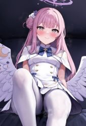 Rule 34 | 1girl, absurdres, angel wings, blue archive, blue bow, blush, bow, breasts, capelet, closed mouth, crescent, cross, dress, feathered wings, frilled ribbon, frills, hair bun, hair ribbon, halo, highres, indoors, knee up, long hair, looking at viewer, low wings, medium breasts, mika (blue archive), mochitsuki karen, pantyhose, pink hair, pink halo, ribbon, single side bun, smile, solo, underbust, white capelet, white dress, white pantyhose, white ribbon, white wings, wings, yellow eyes
