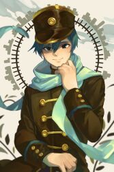 Rule 34 | 1925 (vocaloid), 1boy, black eyes, blue hair, buttons, coat, gtcockroach, hand up, hat, highres, holding, holding clothes, holding scarf, kaito (vocaloid), looking at viewer, male focus, plant, project diva (series), scarf, short hair, sleeve cuffs, smile, solo, uniform, vocaloid