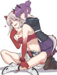 Rule 34 | 2girls, arknights, bandeau, bead bracelet, beads, black legwear, black shirt, blouse, blush, boots, bracelet, colored skin, demon horns, dragon girl, dragon horns, dragon tail, foot out of frame, heart, highres, horns, hug, hug from behind, indian style, jewelry, lava (arknights), leg tattoo, looking at viewer, mabing, multicolored hair, multiple girls, nian (arknights), open mouth, pantyhose, ponytail, purple eyes, purple hair, purple skirt, red bandeau, red hair, red skin, shirt, short hair with long locks, short twintails, shorts, simple background, sitting, skirt, socks, strapless, streaked hair, sweatdrop, tail, tattoo, tube top, twintails, white background, white footwear, white hair, white shorts, yuri