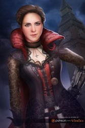 Rule 34 | 1girl, assassin&#039;s creed, assassin&#039;s creed (series), belt, brown hair, cape, clock, clock tower, evie frye, hood, night, sky, solo, standing, tower, watermark