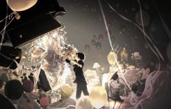Rule 34 | 1boy, 1girl, balloon, black hair, blonde hair, book, catching, chair, cup, cupboard, dress, floating, floating object, flower, food, fork, formal, frilled dress, frills, gift, gosick, hair ornament, hat, highres, kujou kazuya, lantern, long hair, macaron, official art, open book, pillow, plate, rose, spoon, stairs, suit, sweets, takeda hinata, teacup, too many, very long hair, victorica de blois, white rose