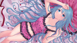 Rule 34 | 1girl, aqua eyes, aqua hair, blue eyes, blue hair, blue nails, blush, breasts, camisole, collarbone, expressionless, food, frilled camisole, frilled underwear, frills, hair between eyes, hand on forehead, hatsune miku, highres, long hair, looking at viewer, lying, midriff peek, on back, on bed, petals, pillow, romeo to cinderella (vocaloid), rooibos, rose petals, small breasts, solo, underwear, very long hair, vocaloid