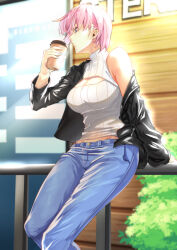 Rule 34 | 1girl, absurdres, arm support, black jacket, blue eyes, breasts, cup, denim, go-toubun no hanayome, highres, holding, holding cup, jacket, jeans, large breasts, meme attire, nakano ichika, off shoulder, open-chest sweater, open clothes, open jacket, outdoors, pants, pink hair, short hair, sitting, solo, sweater, white sweater, yongo (ssaa9675)