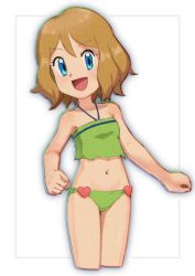 Rule 34 | 1girl, blue eyes, breasts, brown hair, cosplay, creatures (company), game freak, looking at viewer, may (pokemon), may (pokemon) (cosplay), nintendo, nyonn24, open mouth, pokemon, pokemon (anime), pokemon rs020, pokemon rse (anime), pokemon xy (anime), serena (pokemon), short hair, simple background, smile, solo, swimsuit