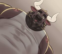 Rule 34 | 1boy, :p, absurdres, adiosarts, animal ears, bara, brown fur, chest tuft, cow ears, cow horns, foreshortening, from below, furry, furry male, highres, horns, huge eyebrows, large pectorals, looking at viewer, looking down, male focus, meme, minotaur, muscular, muscular male, nipple slip, nipples, original, pectoral cleavage, pectoral focus, pectorals, photo-referenced, short hair, sidepec, smile, solo, sweaty clothes, tank top, thick eyebrows, tongue, tongue out, upper body, white tank top, yur oc like this (meme)