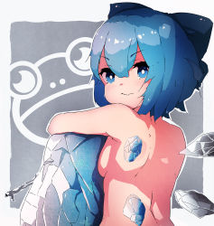 Rule 34 | 1girl, back, bakadebiru, bare back, blue bow, blue eyes, blue hair, bow, breasts, cirno, from behind, frozen frog, hair bow, highres, ice, ice wings, looking at viewer, nude, sideboob, solo, touhou, wings