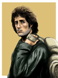 Rule 34 | 1980s (style), 1boy, bag, black hair, brown background, brown hair, highres, jacket, john rambo, lips, long hair, male focus, manly, military, military uniform, oldschool, outside border, rambo, realistic, retro artstyle, sad, sideburns, soldier, solo, sylvester stallone, uniform, veteran