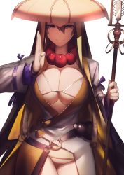 Rule 34 | 1girl, bead necklace, beads, bikini, bikini top only, black hair, breasts, brown eyes, cleavage, earrings, fate/grand order, fate (series), gourd, hair between eyes, hat, highres, hoop earrings, jewelry, large breasts, navel, necklace, prayer beads, rahato, solo, staff, swimsuit, white bikini, xuangzang sanzang (fate)