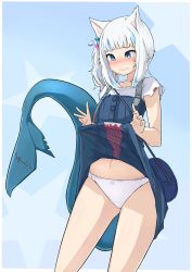 Rule 34 | 1girl, a (phrase), absurdres, animal ears, bag, blue dress, blue eyes, blue nails, blunt bangs, blush, cat ears, closed mouth, clothes lift, cowboy shot, dress, embarrassed, fangs, fins, fish tail, gawr gura, gawr gura (casual), handbag, highres, hololive, hololive english, lifting own clothes, medium hair, multicolored hair, nail polish, navel, nose blush, panties, shark tail, side ponytail, sidelocks, silver hair, skirt, skirt lift, smile, solo, standing, stomach, streaked hair, tail, tonys, underwear, virtual youtuber, wavy mouth, white panties
