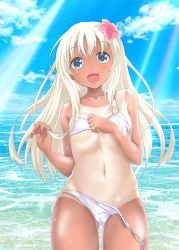 Rule 34 | 1girl, alternate costume, bare shoulders, beach, bikini, blonde hair, blue eyes, blue sky, blush, breasts, cloud, collarbone, commentary request, day, flower, gluteal fold, hair between eyes, hair flower, hair ornament, highres, kantai collection, long hair, looking at viewer, navel, nendoroya, ocean, one-piece tan, open mouth, outdoors, ro-500 (kancolle), side-tie bikini bottom, sky, small breasts, smile, solo, standing, string bikini, swimsuit, tan, tanline, water