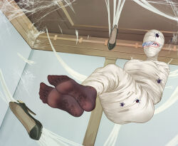 Rule 34 | 1girl, absurdres, bdsm, black footwear, blue eyes, bondage, bound, bound legs, breasts, bug, commentary request, constricted pupils, genshin impact, grey hair, high heels, highres, indoors, large breasts, looking at viewer, mummification (bound), shenhe (genshin impact), shoes, silk, solo, spider, spider web, unworn shoes, yuehei dao