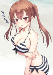 Rule 34 | 1girl, ass, beach, bikini, breasts, brown eyes, brown hair, collarbone, commentary request, large breasts, looking at viewer, meow (nekodenki), original, sharp teeth, solo, striped bikini, striped clothes, swimsuit, teeth, translated, tsundere, twintails, upper teeth only