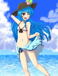 Rule 34 | 1girl, ;d, arm behind head, beach, bikini, black hat, blue hair, blue sky, blush, breasts, clothes lift, cloud, collarbone, day, food, front-tie top, fruit, hat, hinanawi tenshi, long hair, navel, one eye closed, open mouth, peach, red eyes, sarong, skirt, skirt lift, sky, small breasts, smile, solo, sun hat, swimsuit, teoi (good chaos), touhou, very long hair, white bikini