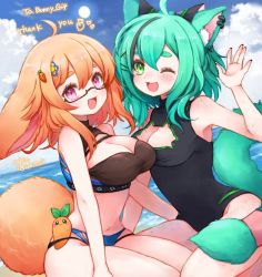 Rule 34 | 2girls, ahoge, animal ear fluff, animal ears, arm support, bare shoulders, blush, bonnie (bunny gif), breasts, carrot, cleavage, cloud, cloudy sky, commission, dot nose, feet out of frame, glasses, green eyes, green hair, hair between eyes, hair ornament, hairclip, horizon, indie virtual youtuber, looking at viewer, momo (vtuber), momo mischief, multiple girls, navel, open mouth, orange hair, pink eyes, rabio (labi555), semi-rimless eyewear, skeb commission, sky, sleeveless, smile, tail, tareme, thick eyebrows, under-rim eyewear, virtual youtuber, water