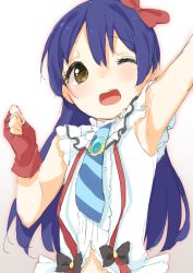 Rule 34 | 1girl, arm up, armpits, blue hair, blush, bokura wa ima no naka de, commentary request, fingerless gloves, gloves, hair between eyes, long hair, love live!, love live! school idol project, necktie, one eye closed, open mouth, red gloves, ribbon, simple background, smile, solo, sonoda umi, suspenders, tofu1601, upper body, yellow eyes