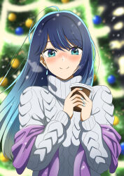 Rule 34 | 1girl, absurdres, aqua eyes, blue eyes, blue hair, blurry, blurry background, blush, breath, christmas tree, closed mouth, cold, commentary, cup, disposable cup, earrings, fingernails, gradient hair, grey sweater, hands up, highres, holding, holding cup, jewelry, kurokawa akane, long hair, long sleeves, looking at viewer, multicolored hair, nail polish, nose blush, oshi no ko, ribbed sweater, ryochan96154, smile, snowflake earrings, solo, sweater, turtleneck, turtleneck sweater, upper body, white sweater, winter