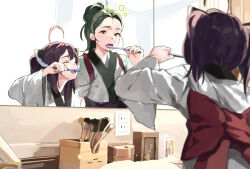Rule 34 | 2girls, ahoge, bow, brown hair, closed eyes, commentary request, forehead, green hair, green hairband, hair bun, hairband, headgear, holding, holding toothbrush, japanese clothes, kimono, lamb (hitsujiniku), long sleeves, mirror, multiple girls, obi, open mouth, orange eyes, red bow, reflection, sash, short sleeves, tasuki, toothbrush, touhoku kiritan, touhoku zunko, twintails, upper body, voiceroid, white kimono, wide sleeves