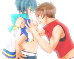 Rule 34 | 1boy, 1girl, blue eyes, blue hair, blue scarf, grabbing another&#039;s breast, breasts, brown eyes, brown hair, grabbing, kaiko, meito, nipples, non-web source, red clouds, scarf, sex