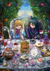 Rule 34 | 1boy, 1girl, alice (alice in wonderland), alice in wonderland, animal ears, bad id, bad pixiv id, black hair, blonde hair, blue bow, blue eyes, bow, breasts, cat ears, chair, cheshire cat (alice in wonderland), chocolate chip cookie, cookie, copyright name, cup, food, gloves, highres, holding, holding cup, large breasts, long hair, plate, seungju lee, sitting, table, tea, teacup, teapot, white gloves
