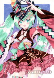 Rule 34 | 1girl, :d, aqua hair, armpit cutout, black choker, blue eyes, blush, breasts, choker, cleavage, clothing cutout, collarbone, cowboy shot, criss-cross halter, floating hair, halterneck, hand fan, hatsune miku, headphones, headset, highres, holding, holding fan, layered skirt, long hair, long sleeves, looking at viewer, magical mirai (vocaloid), magical mirai miku, magical mirai miku (2020 summer), marker (medium), microphone, miniskirt, open mouth, pink skirt, sample watermark, skirt, small breasts, smile, solo, standing, thighhighs, traditional media, twintails, very long hair, vocaloid, watermark, wide sleeves, yuiki (cube)
